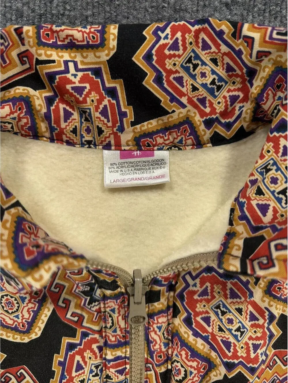 Vintage Western Style Zip-Up Fringe Jacket Southwestern Pattern L Cowboy, Fleece